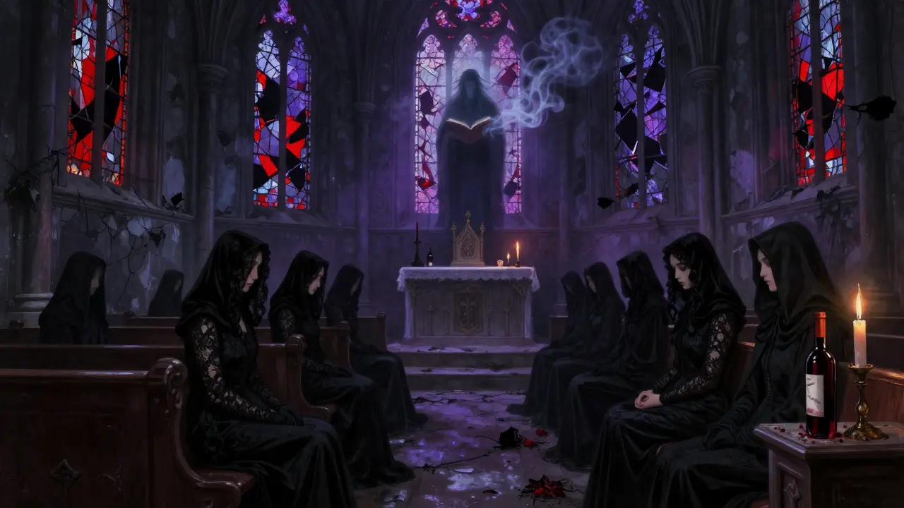 Decayed chapel at midnight, figures in black robes meditating under fractured colored light.
