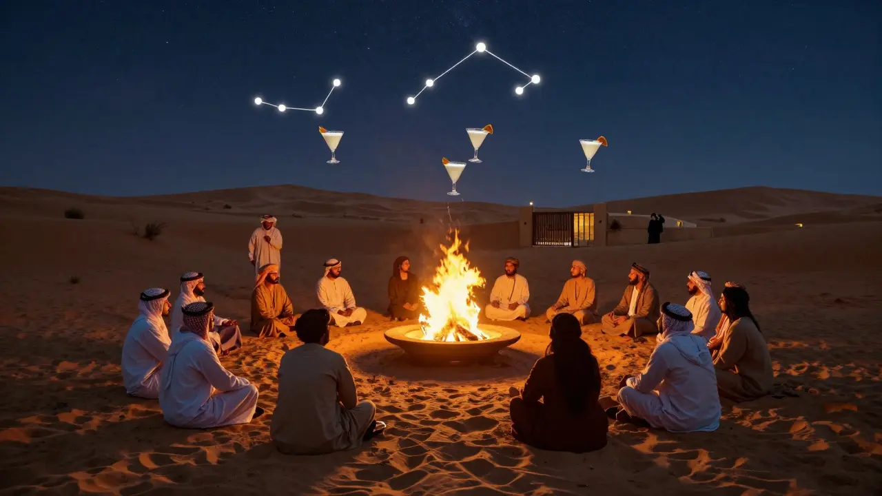 Desert camp under stars with fire pits, Bedouin storyteller, floating cocktails, no buildings, atmosphere of quiet exclusivity.