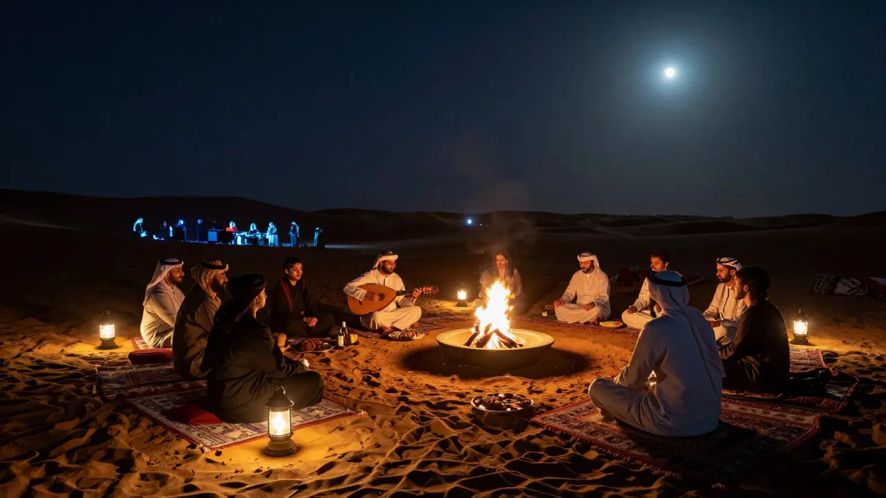 Desert party under stars with lanterns, oud music, and communal dining.