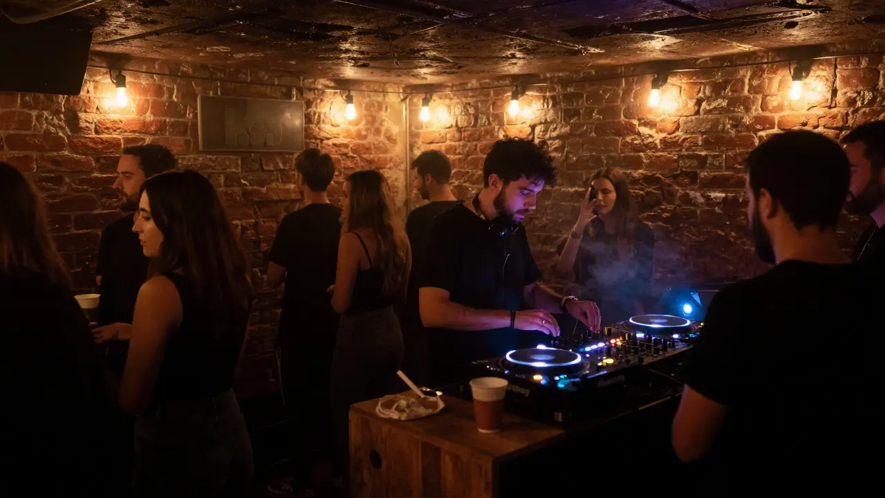 Dim underground techno club with people lost in music and smoke.