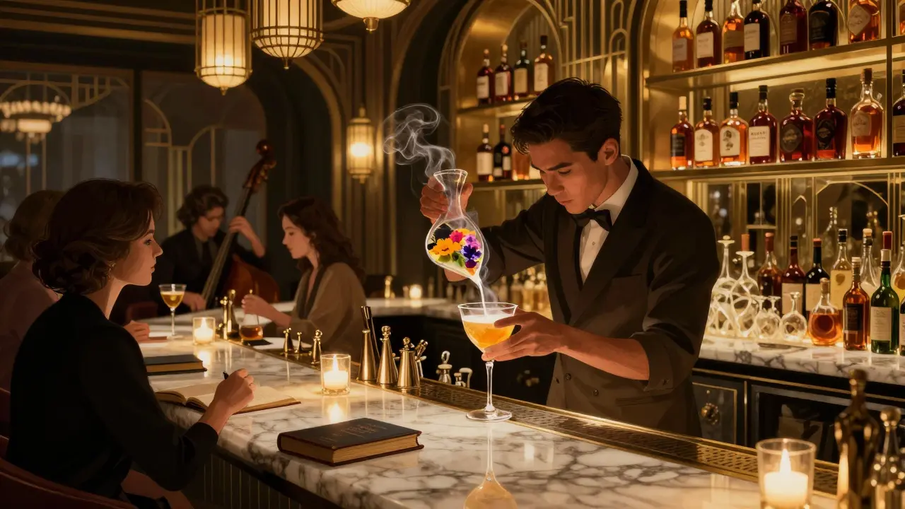 Elegant bar with a bartender preparing a smoky, artistic cocktail in golden lighting.