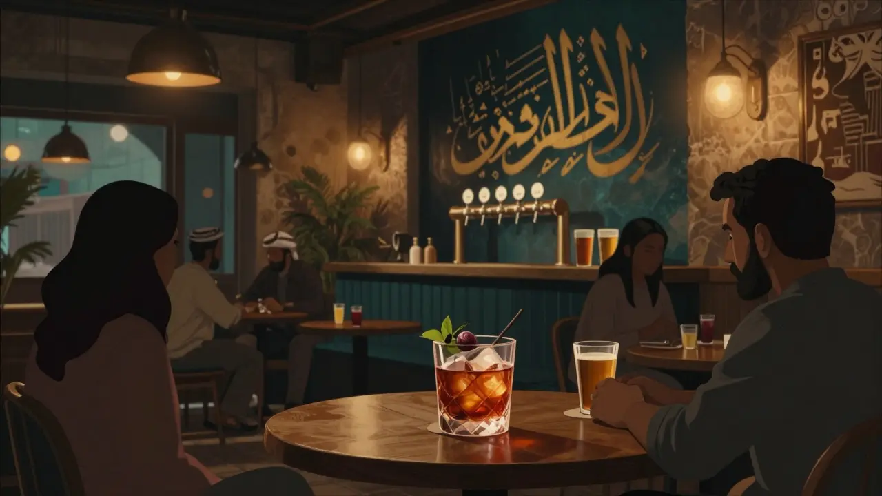 Friends sipping Middle Eastern cocktails in a trendy Alserkal Avenue lounge with industrial decor.