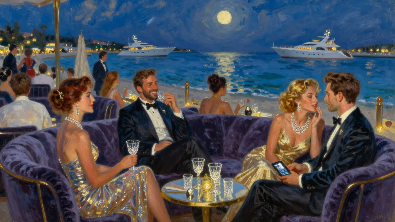 Glamorous guests at Club 55 on a moonlit beach, yachts visible on the harbor under starlight.