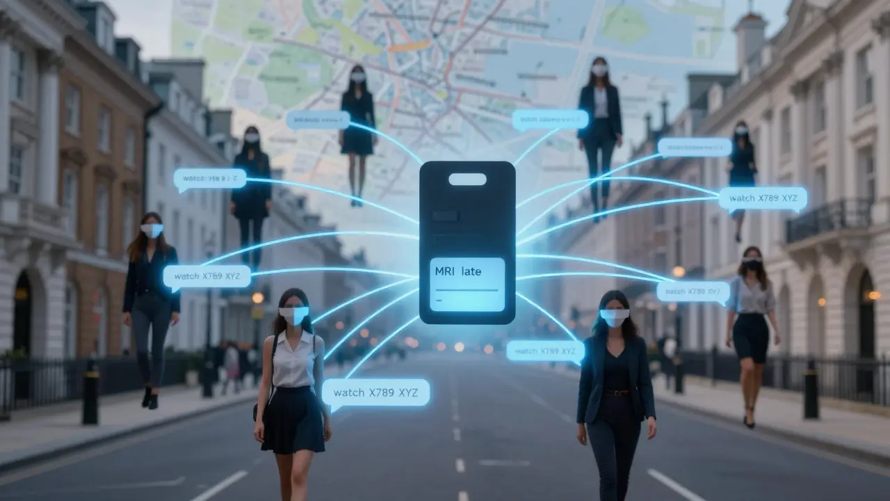 Glowing encrypted messages connecting masked women across London, centered on a hotel keycard.