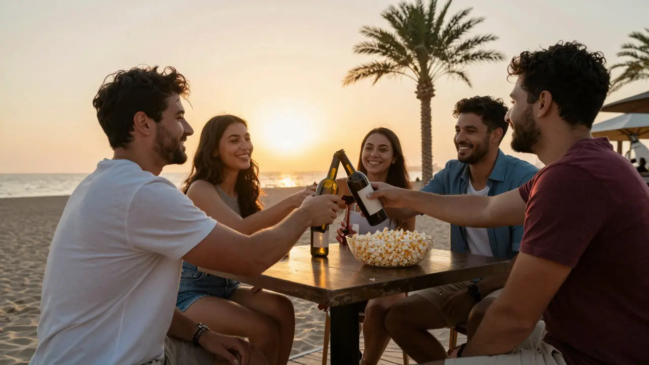 Group at a beach bar in JBR sharing wine with free popcorn, sunset in the background.