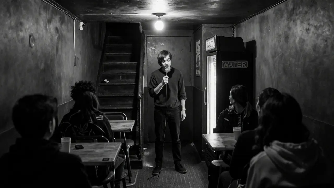 Hidden basement comedy venue with a lone performer under a single bulb, audience in shadow.
