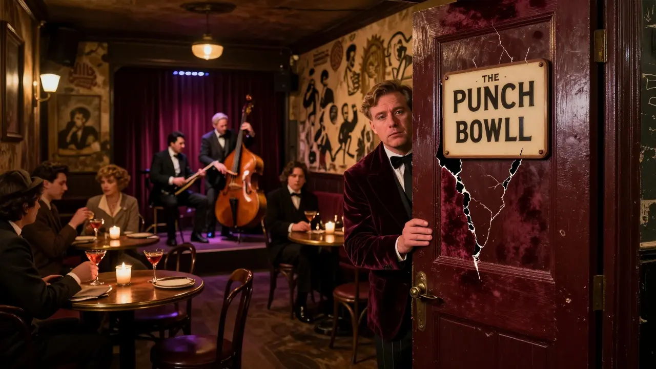 Hidden speakeasy door with a velvet-clad keeper peeking out into a candlelit jazz lounge.