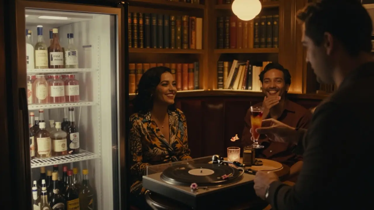 Hidden speakeasy lounge with bookshelves, bartender mixing cocktail, warm amber lighting.