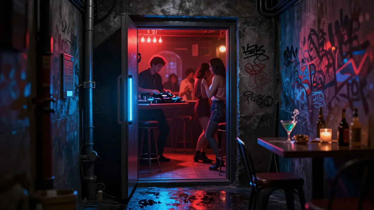 Hidden speakeasy with glowing fridge door entrance, DJ spinning vinyl under moody red lights.