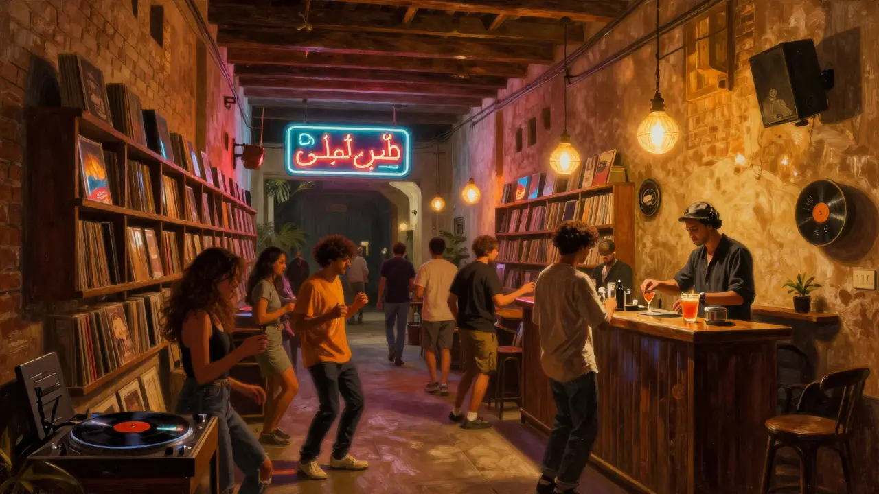 Hidden warehouse club Boatyard with neon signs and vinyl records, lit by warm amber lights.