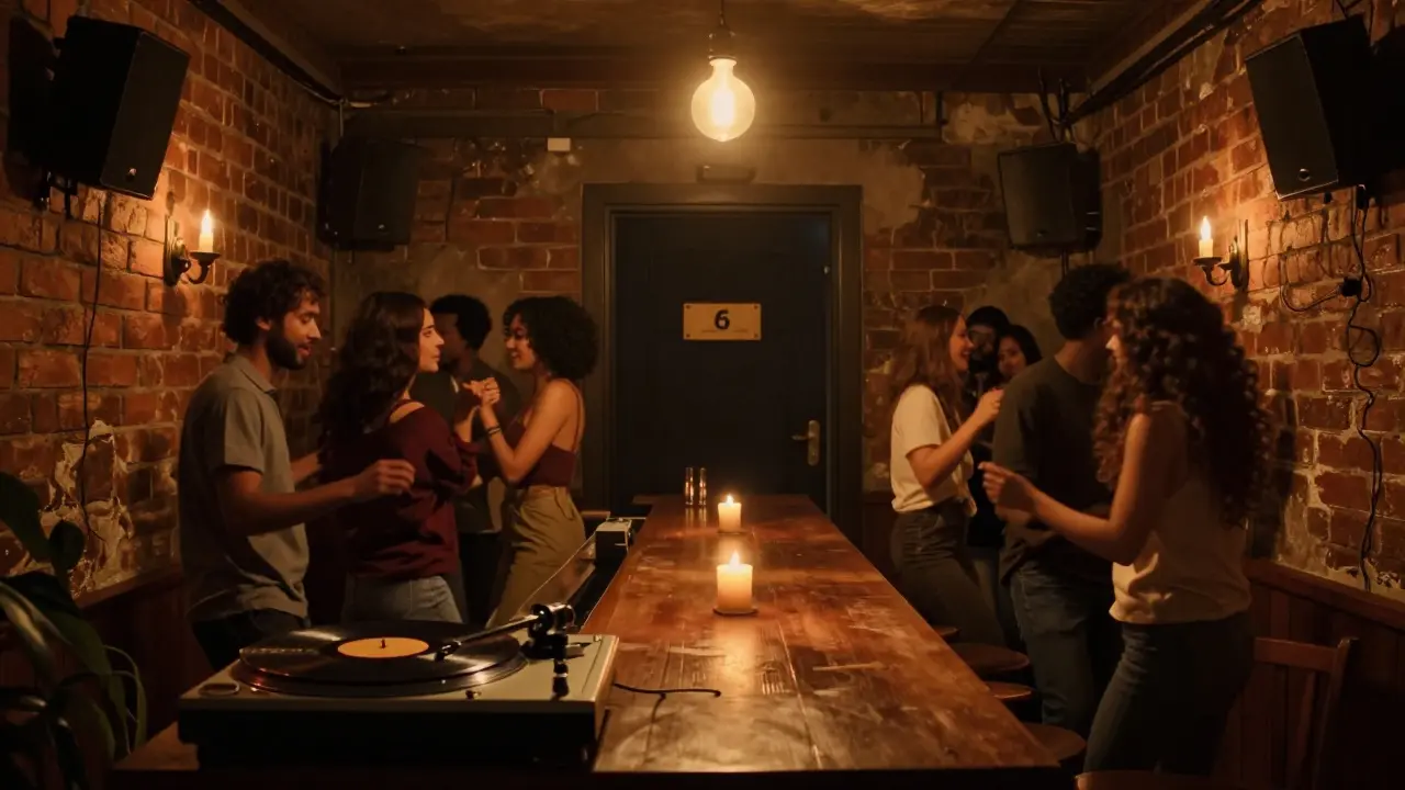 Hidden warehouse lounge with vinyl spinning, dim lighting, and a quiet crowd immersed in music.