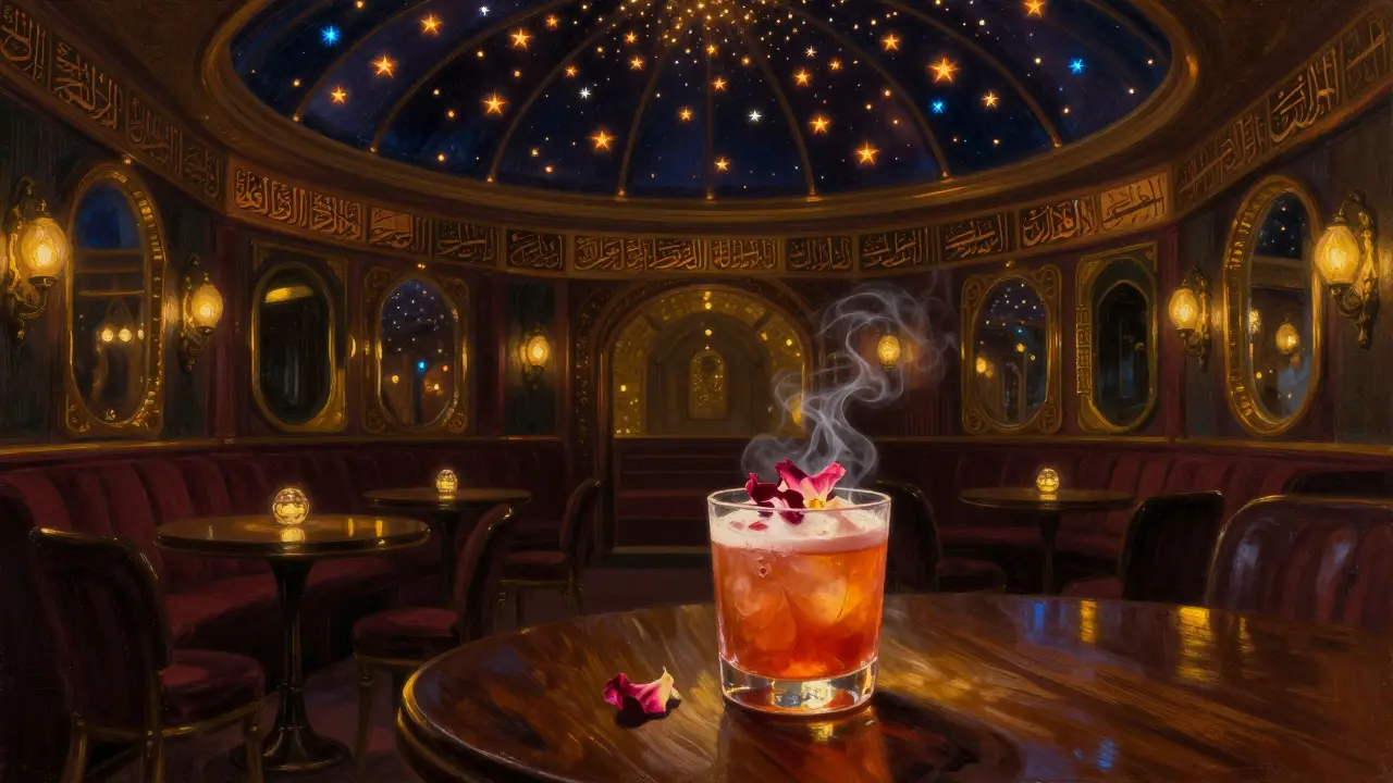 Intimate jazz lounge with starlit ceiling and rose-petal cocktail on dark wood table.