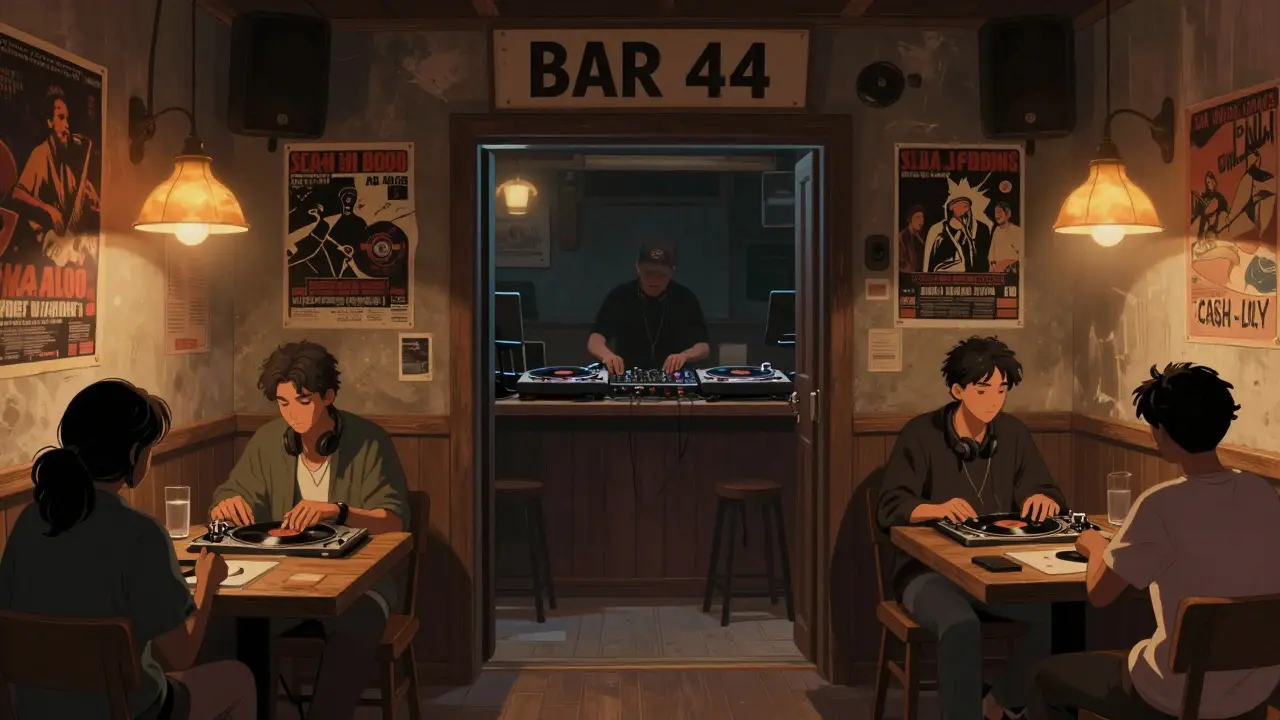 Intimate underground bar with vinyl records and no phones, patrons relaxed in dim vintage lighting.