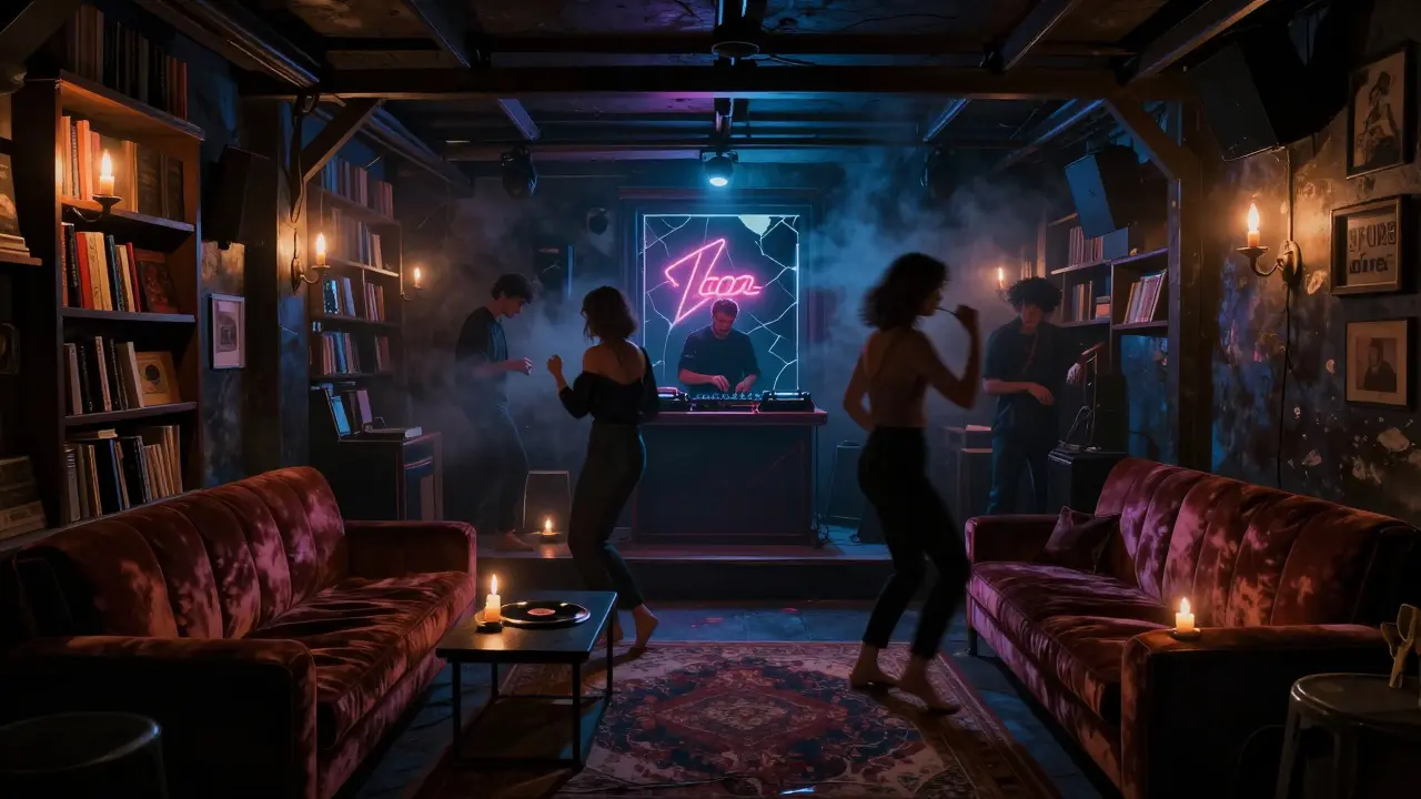 Intimate underground club with barefoot dancers and candlelight in a converted theater behind a bookshop.