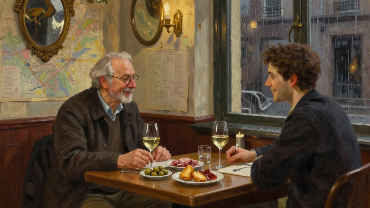 Locals sharing an apéritif with wine, charcuterie, and olives in a quiet Parisian wine bar.