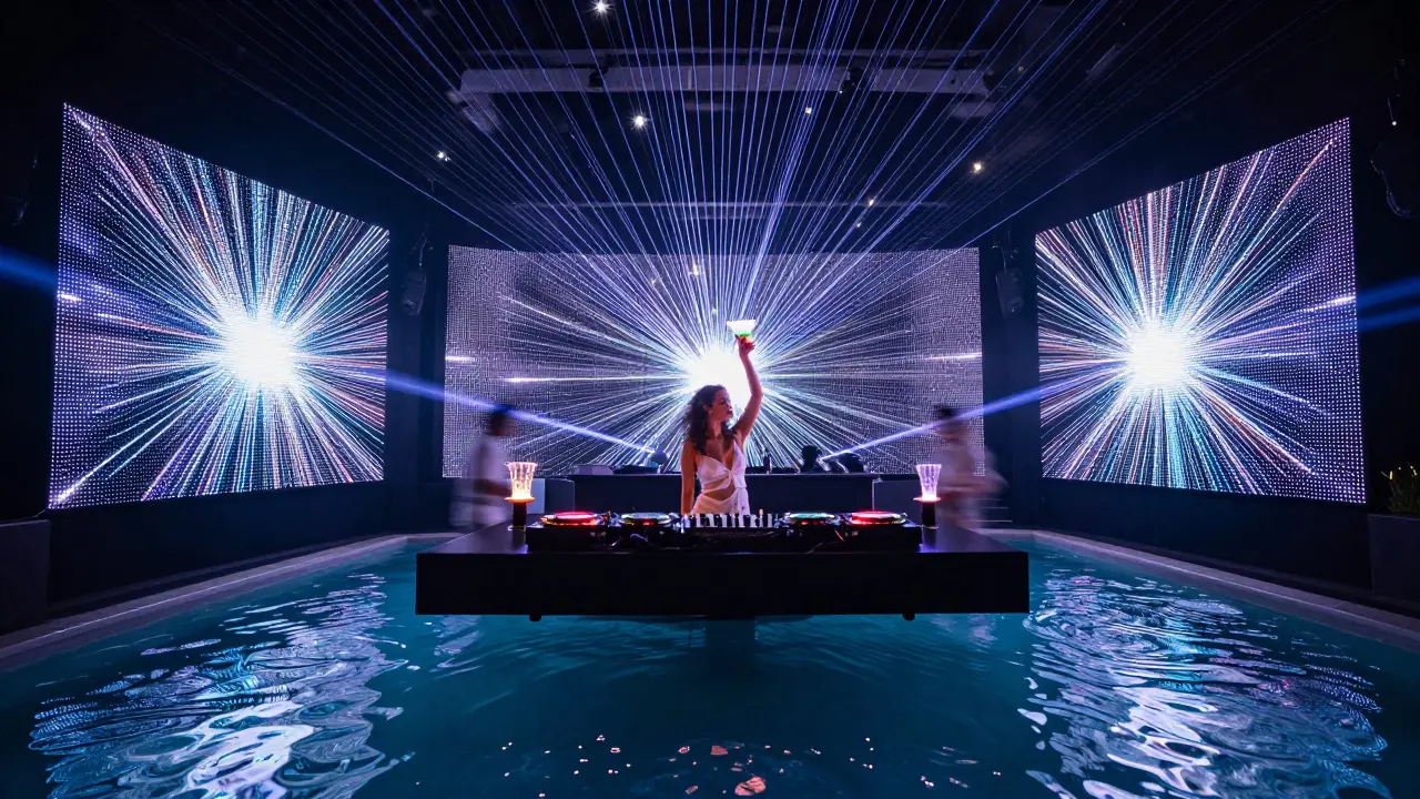 Neon-lit nightclub with pulsing LED walls and glowing drink in white attire.