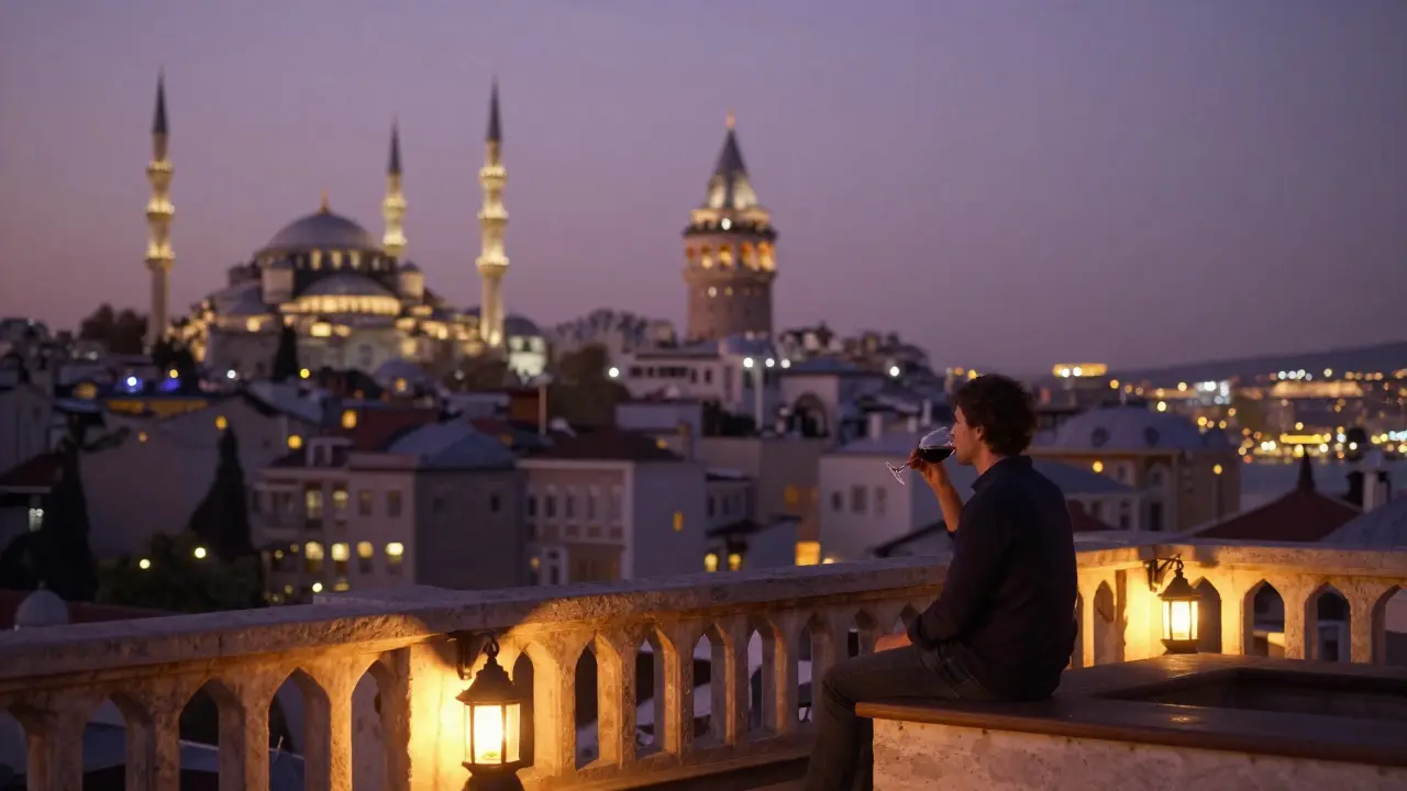 Quiet rooftop at dusk with person gazing at Istanbul’s skyline—mosques and towers lit in twilight.