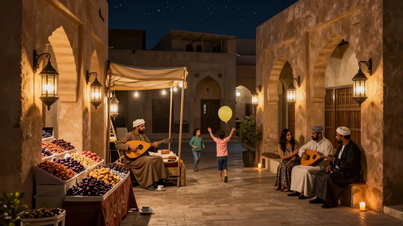 Quiet Souk Al Maryah at night, lit by lanterns as a storyteller shares tales under the stars.
