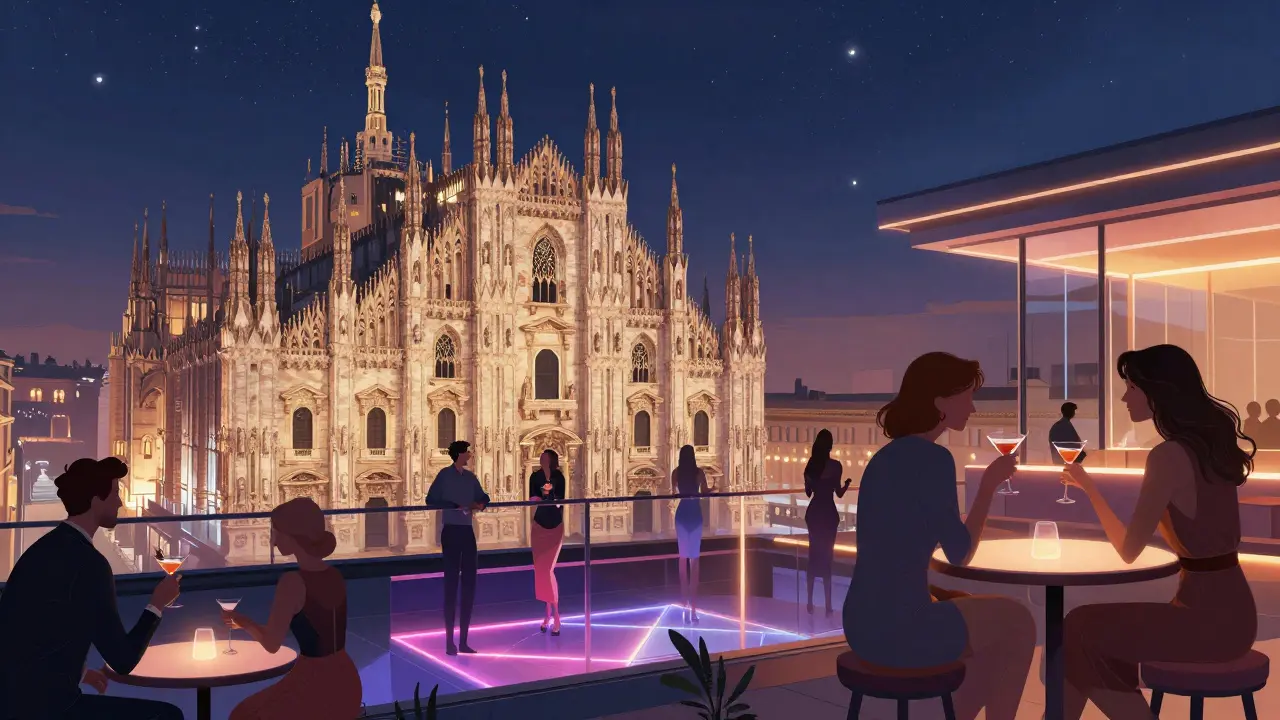 Rooftop club Luminosa with views of Milan's Duomo, guests sipping cocktails under the night sky.