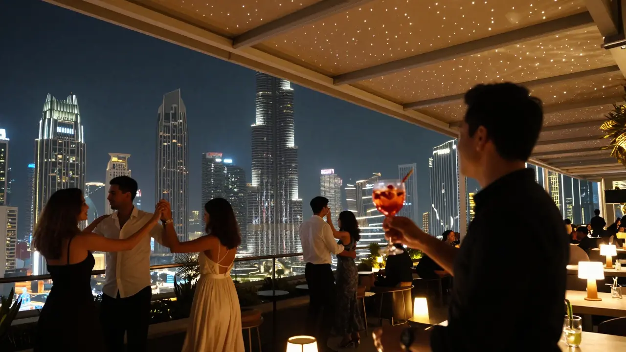 Rooftop party under starlit sky with Dubai skyline glowing behind dancing guests.