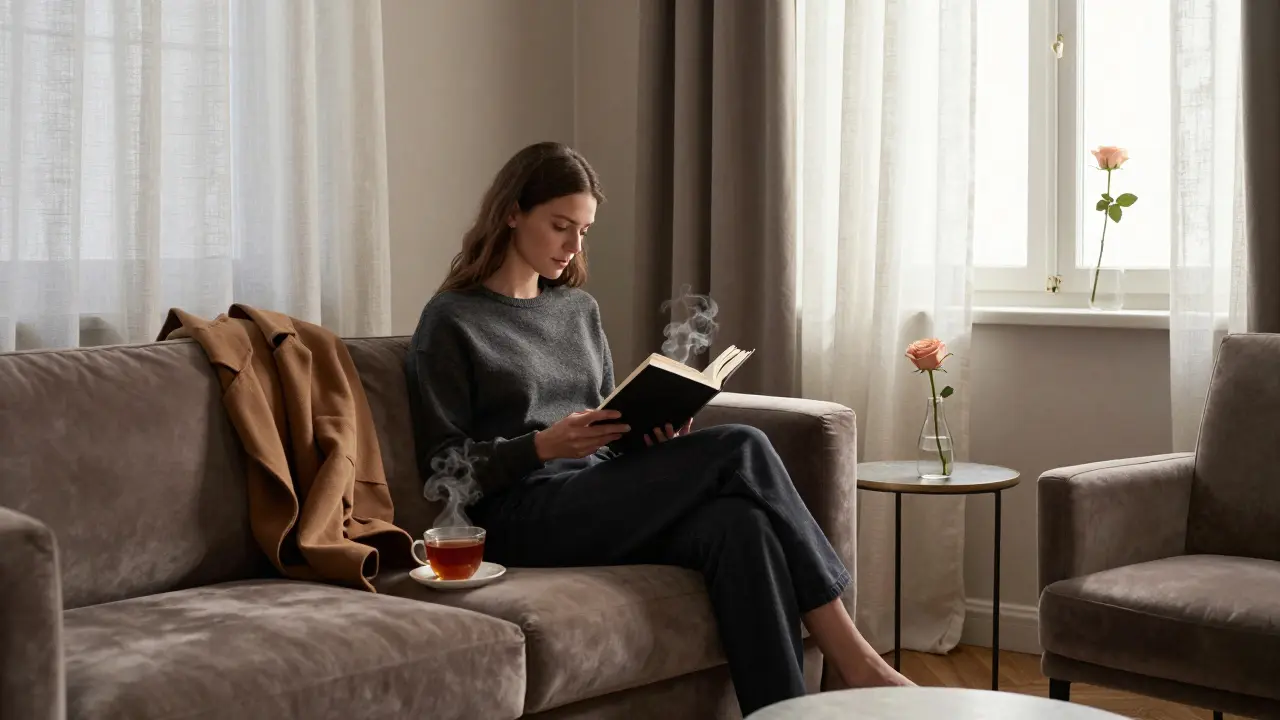 Serene Brera apartment interior with tea, book, and morning light.