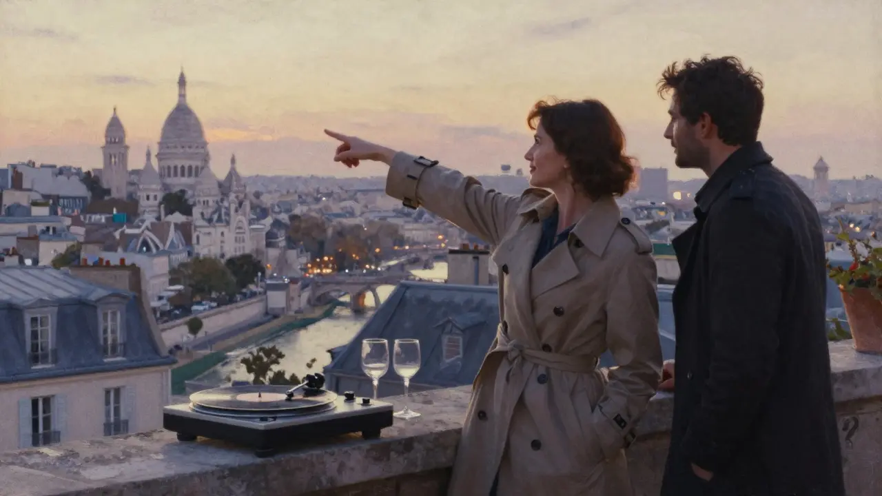 Silhouettes on a rooftop terrace at sunset, overlooking Paris with a vinyl record playing nearby.