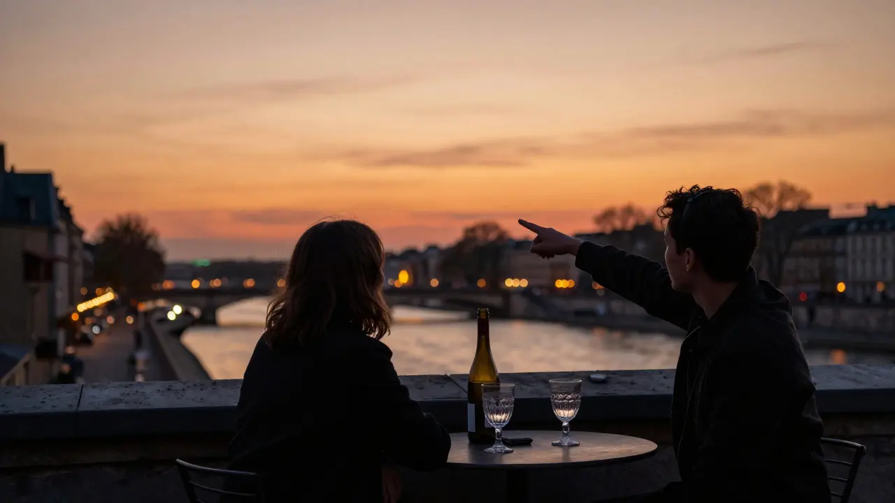 Silhouettes on a rooftop terrace at sunset, overlooking the Seine with a wine bottle on the table.