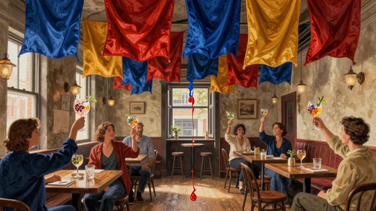 Silk panels drift in the breeze of a converted pub, patrons raising colorful cocktails that match the fabric tones.