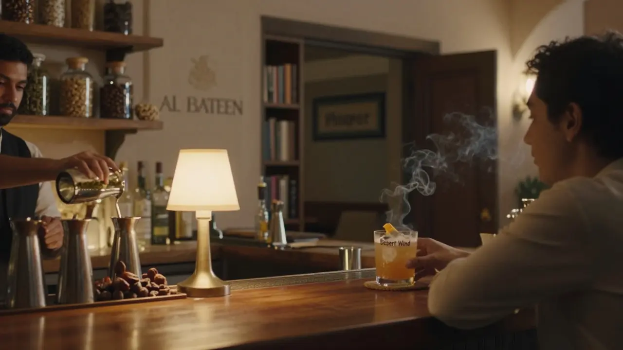 Speakeasy bar with bartender preparing a smoky cocktail using regional herbs