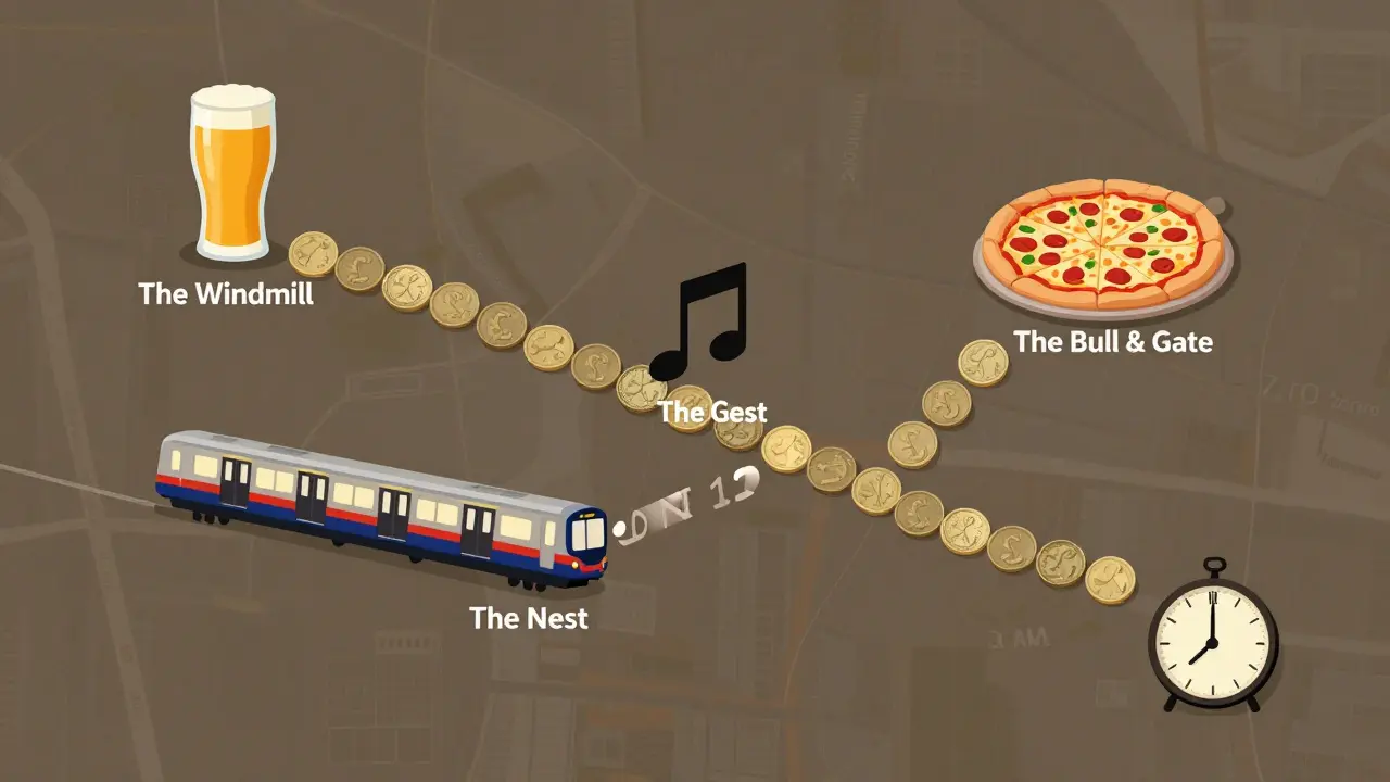 Stylized map showing a budget-friendly London nightlife route with icons for drinks, food, and transport.