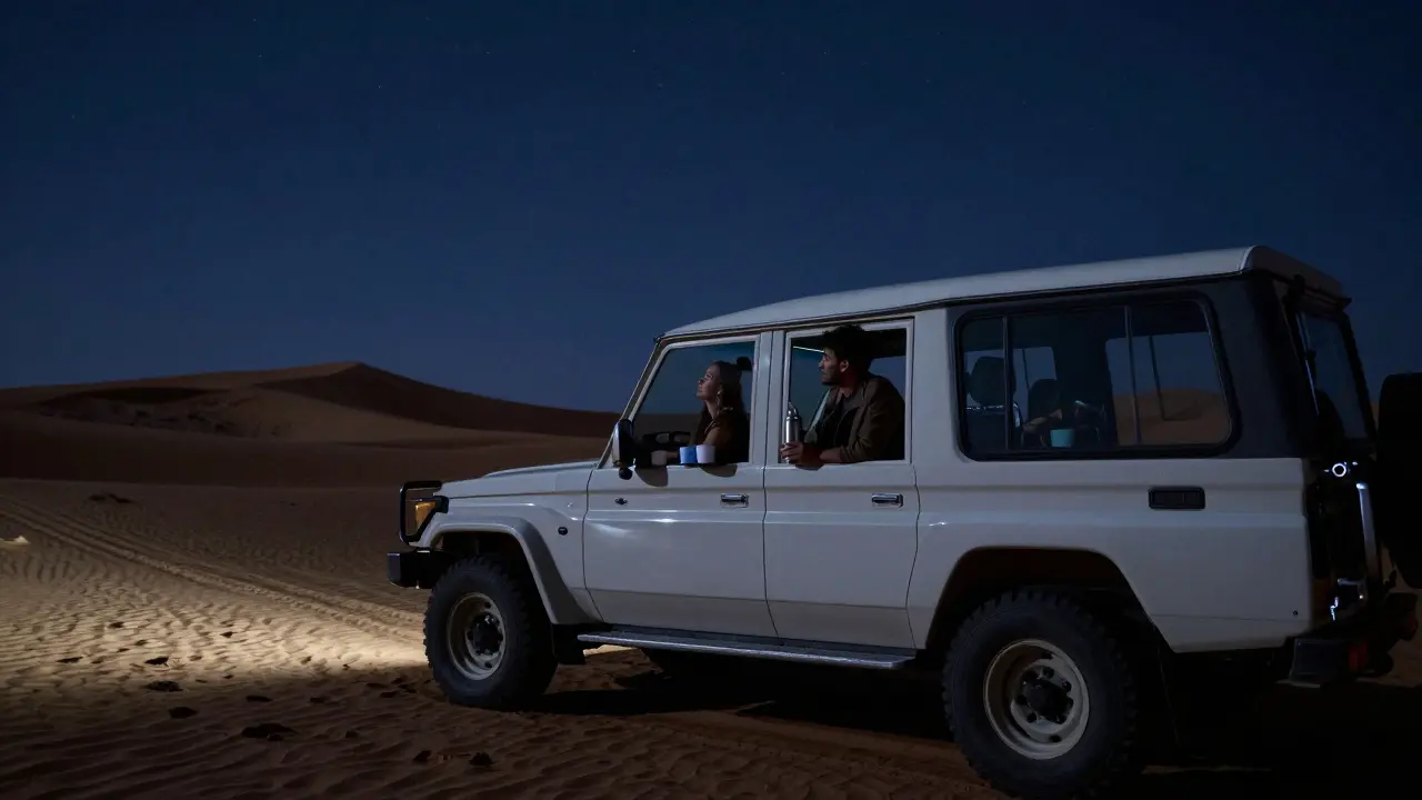 Two people on a desert safari at night, sharing a quiet moment under the stars.
