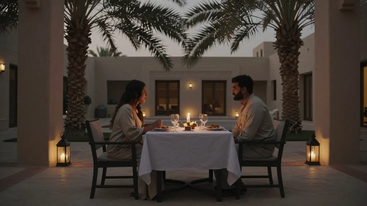 Two people share a quiet dinner in a private courtyard, engaging in respectful conversation.
