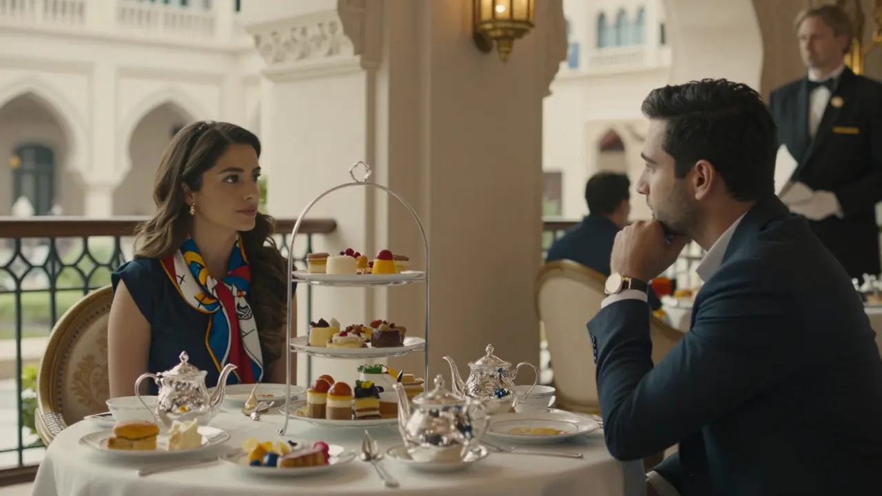 Two people share afternoon tea in a secluded corner of Emirates Palace, surrounded by elegance and silent respect.