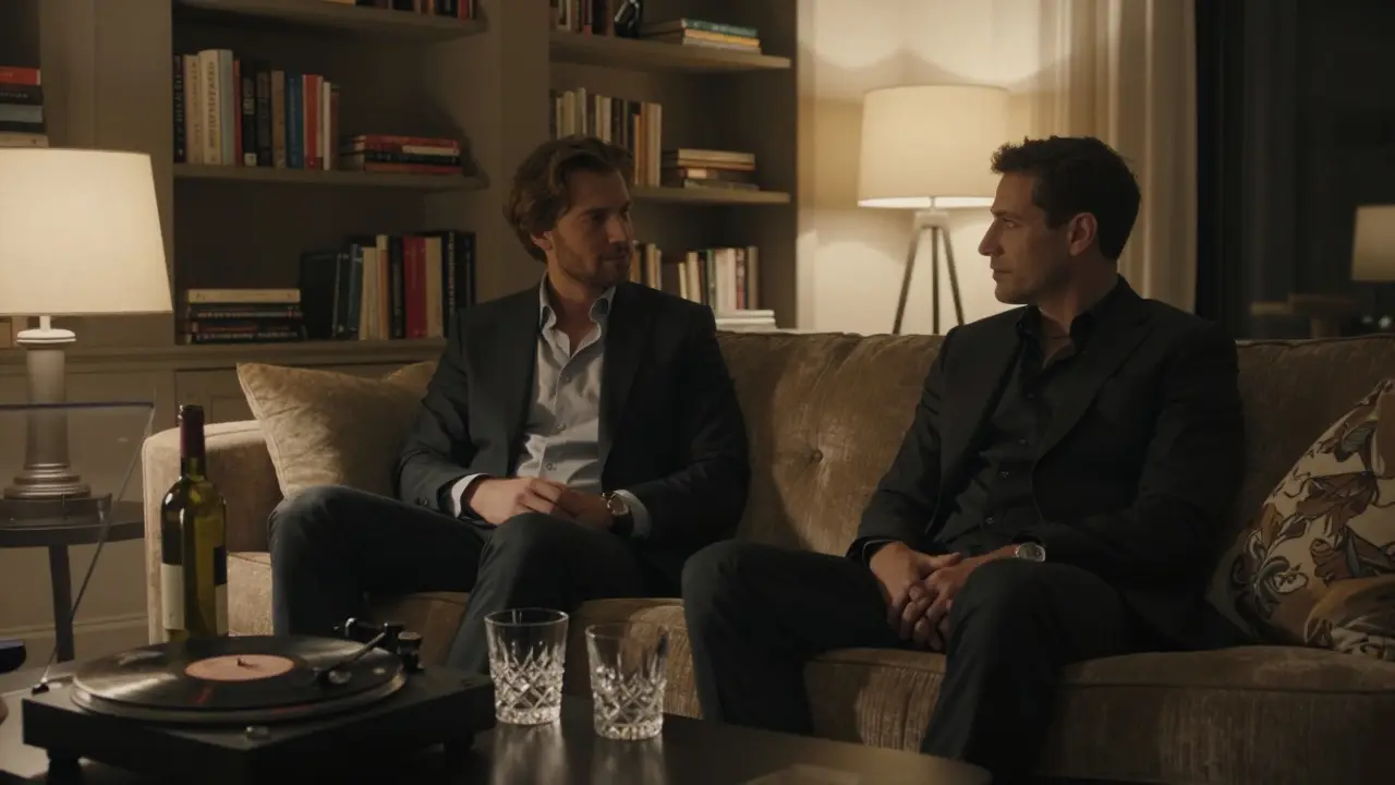 Two people sharing a peaceful evening in a luxury villa with art books and vinyl records.