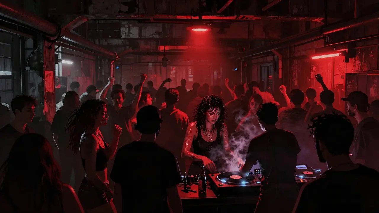 Underground techno club with red flickering lights and dancers in a concrete warehouse space.
