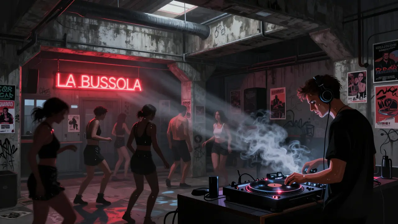 Underground techno club with vinyl DJ, industrial concrete walls, smoke and dim red neon lighting.