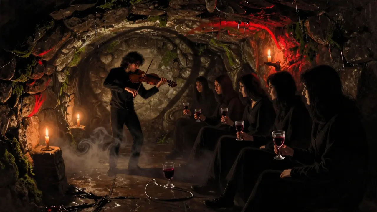 Underground tunnel with flickering candles, a violinist playing in shadowy silence.