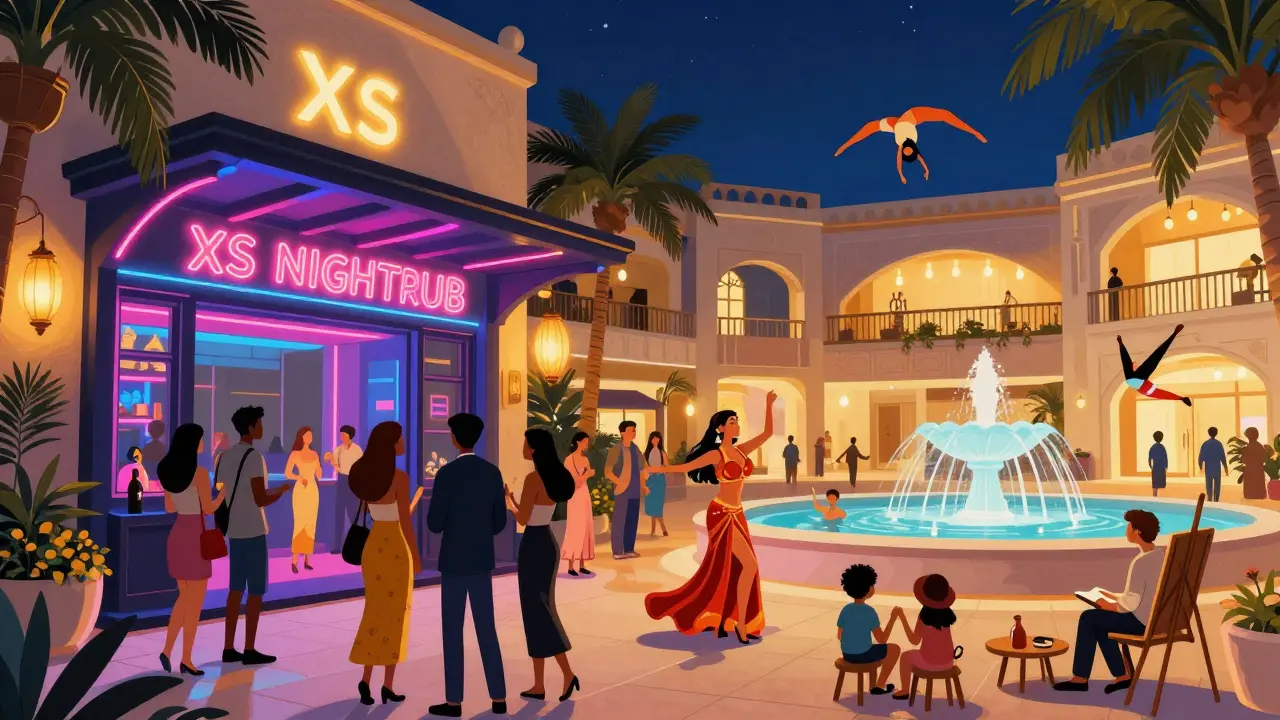 Vibrant night scene at Yas Island with clubgoers, street performers, and families under lantern lights.