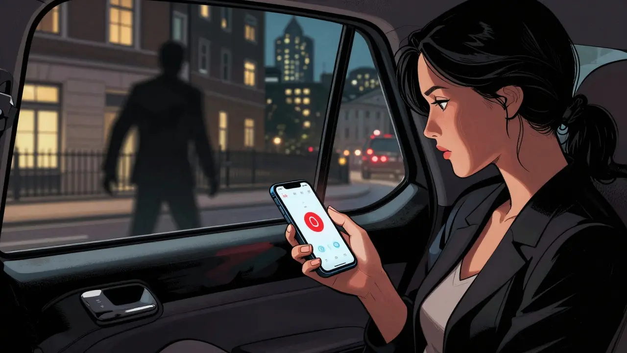 Woman activating a panic app in a taxi, shadowy figure approaching a dark building in the background.