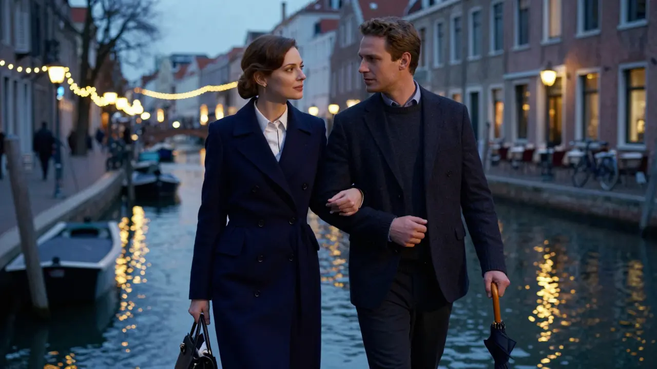 Woman and man walking arm-in-arm along Milan's Navigli canals at dusk.