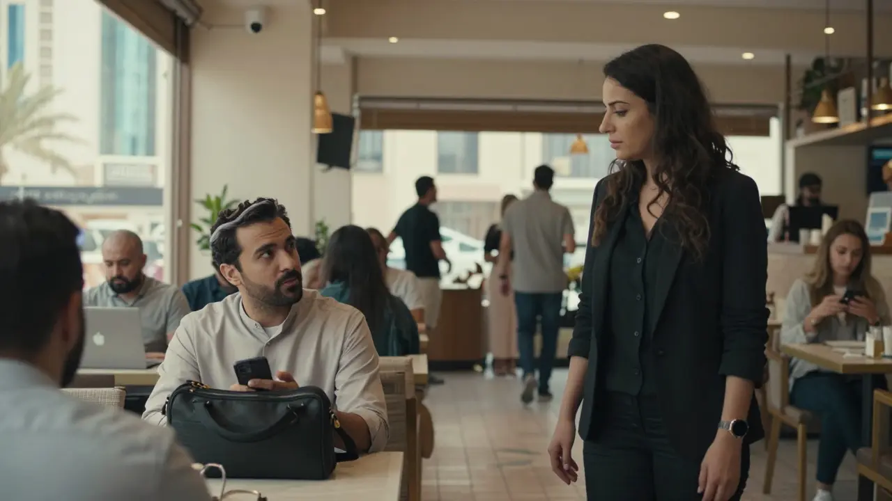 A cautious first meeting at a busy Abu Dhabi café, man waiting alone, woman approaching politely, security cameras visible.