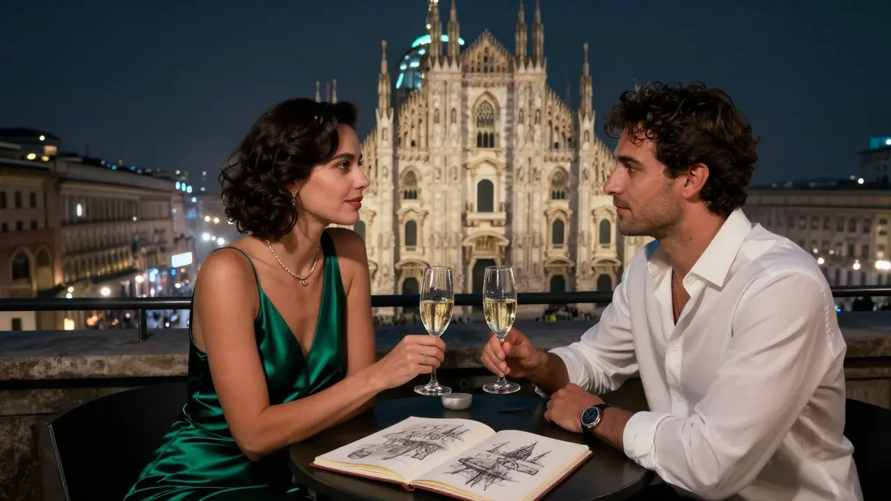 A couple sharing a quiet moment on a rooftop bar in Milan, overlooking the cathedral under soft night lights.