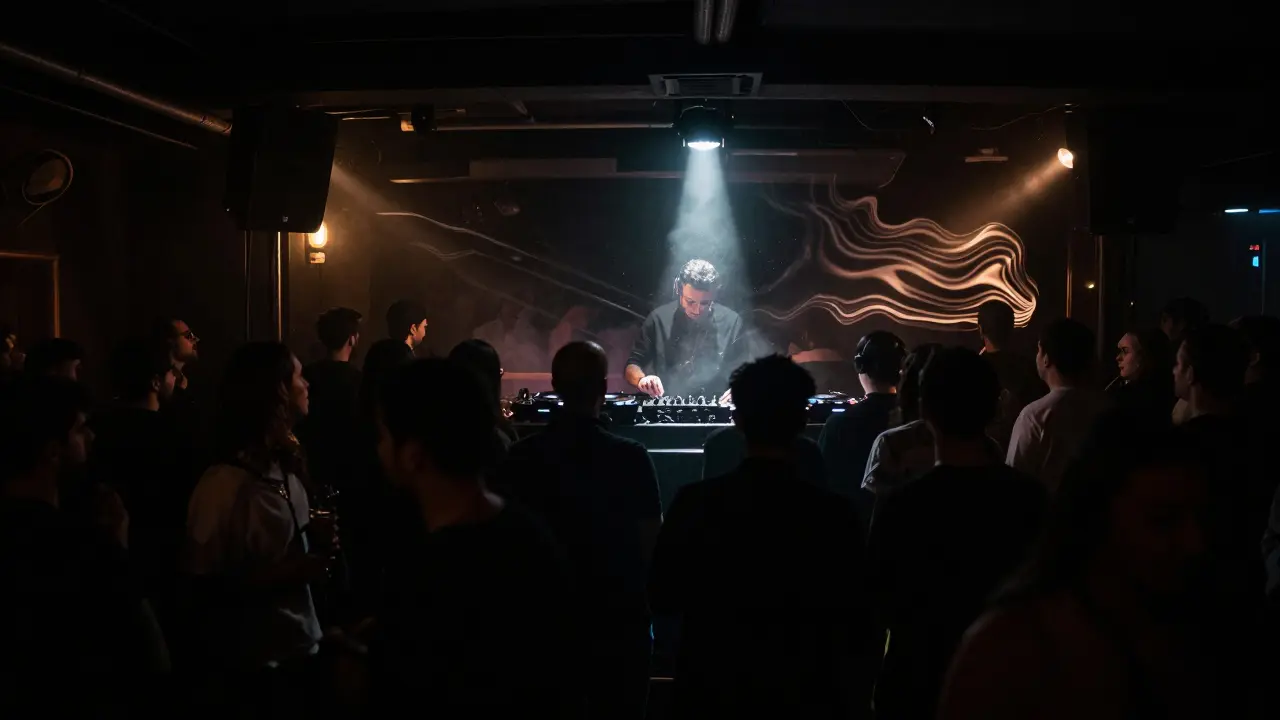 A dark underground club with strobing lights and a crowd dancing in smoky air, a DJ visible in silhouette behind the decks.