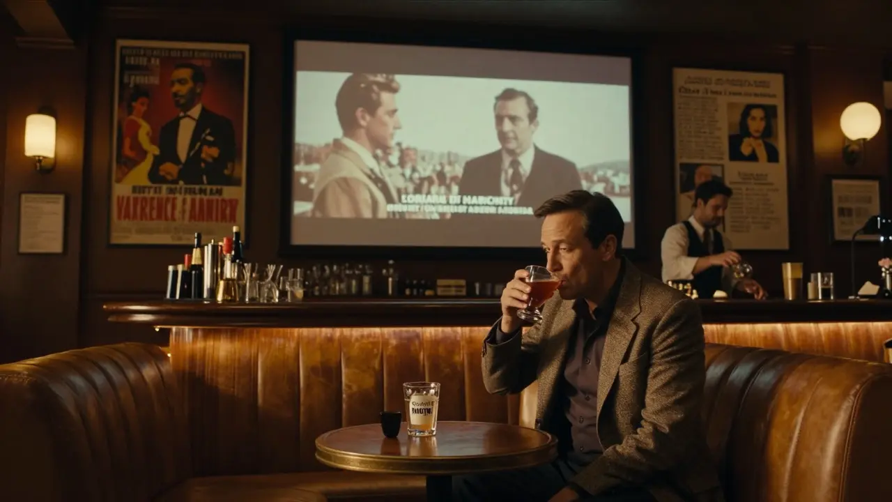 A dimly lit lounge with leather sofas, a director-themed cocktail, and a large screen showing Lawrence of Arabia.