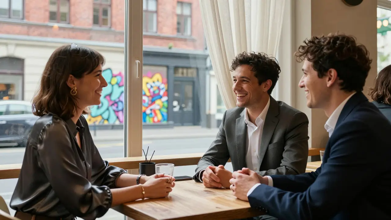 A diverse group of professionals laughing together at a quiet Berlin café.