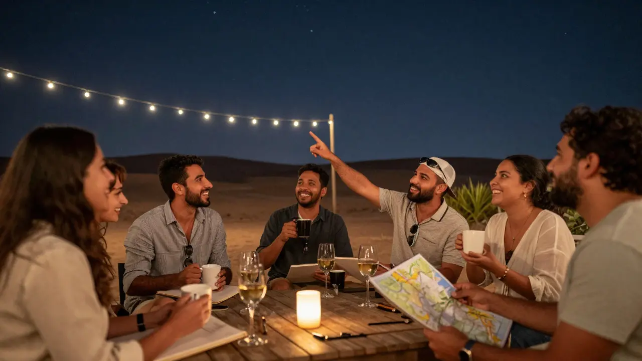 A group of expats enjoying a social Meetup event under string lights in a desert garden.