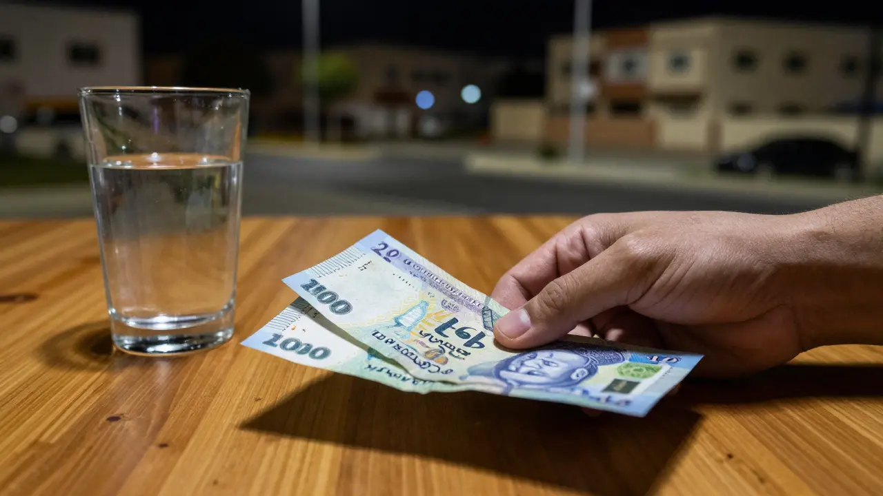 A hand placing UAE dirham bills on a wooden table, with blurred residential surroundings, conveying discreet cash payment.
