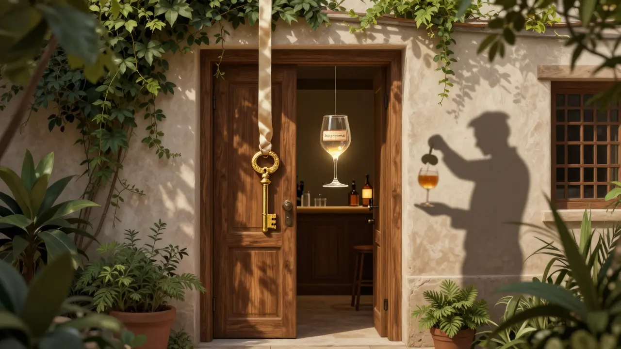 A hidden door in a garden courtyard with a golden key hanging nearby, faint glow revealing an exclusive members-only lounge.