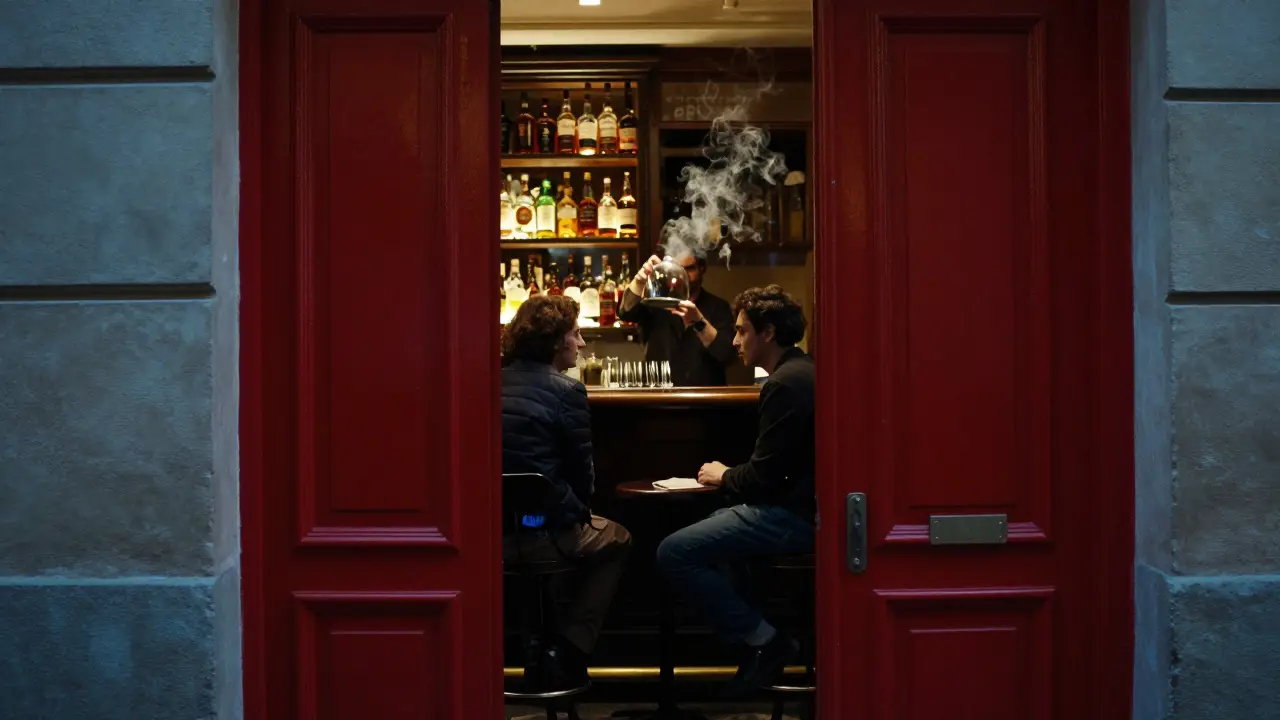 A hidden red door revealing a bar where smoke rises from a glass dome over cocktails.