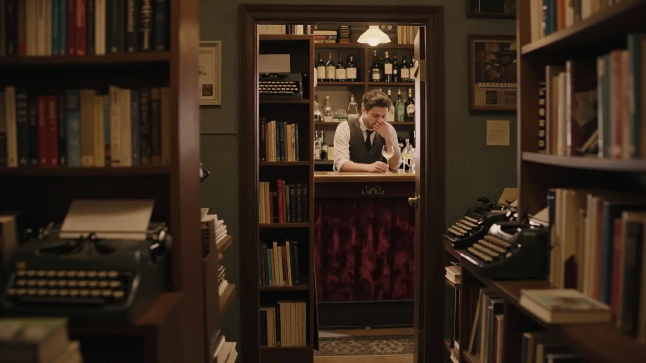 A hidden speakeasy entrance behind a bookshelf in a cozy bookstore, glowing with warm amber light.